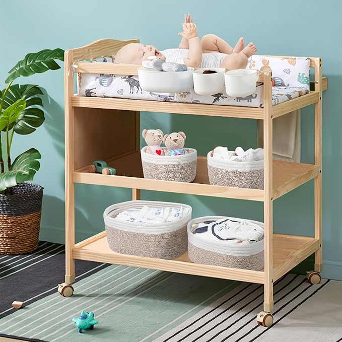 4er-Set Aufbewahrungskörbe aus Baumwollseil – Stapelbare Körbe mit Griffen für Wickelkommode, Bad & Kinderzimmer